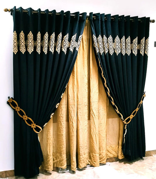 Majestic Black & Gold Velvet Curtain Set Per Sq. foot