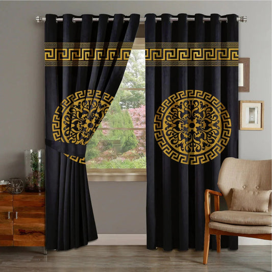 Luxury Black & Gold Greek Velvet Curtains