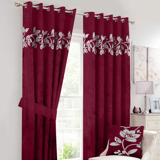 Elegant Maroon Floral Velvet Curtains